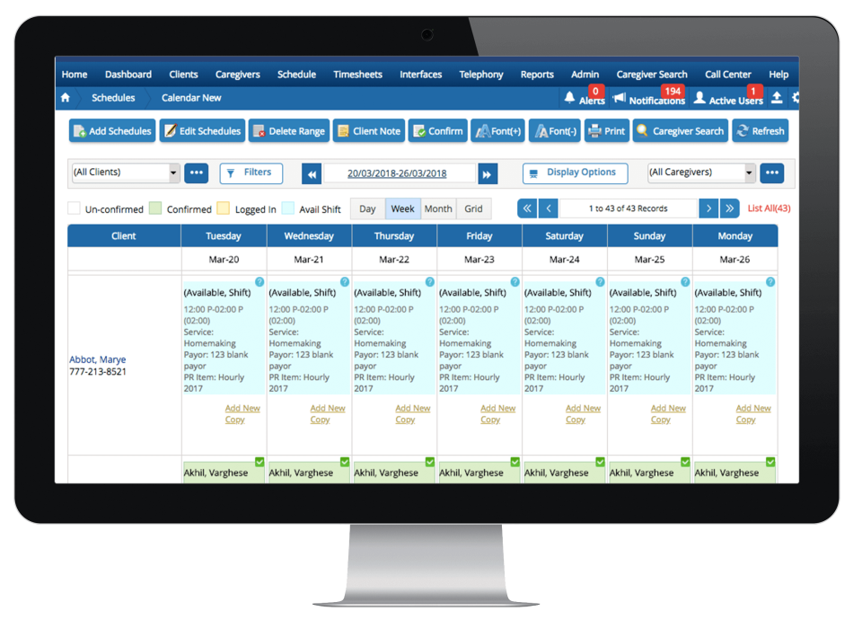 screenshot of Generations Homecare System